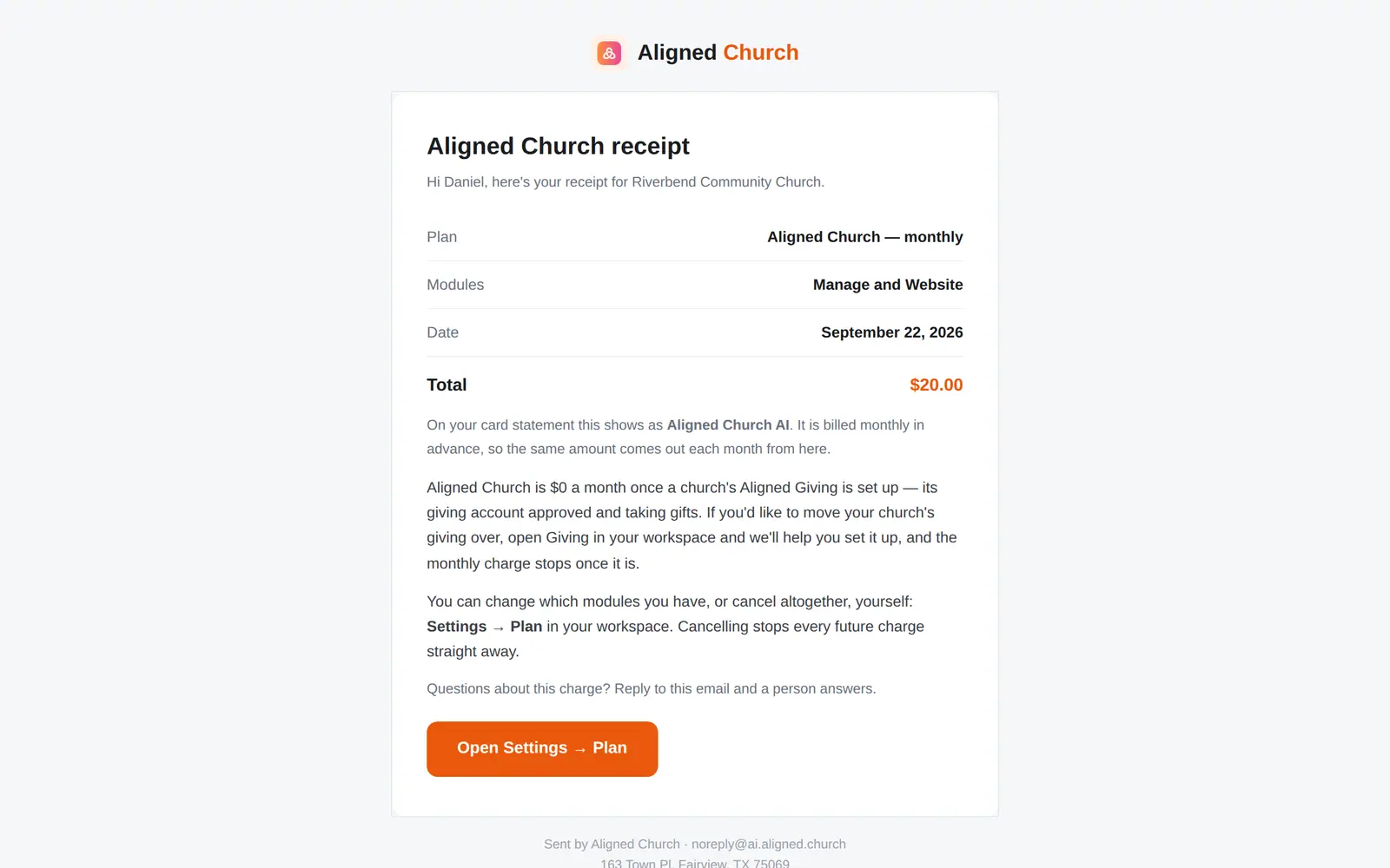 Find the email **Your Aligned Church receipt** in the account owner's inbox