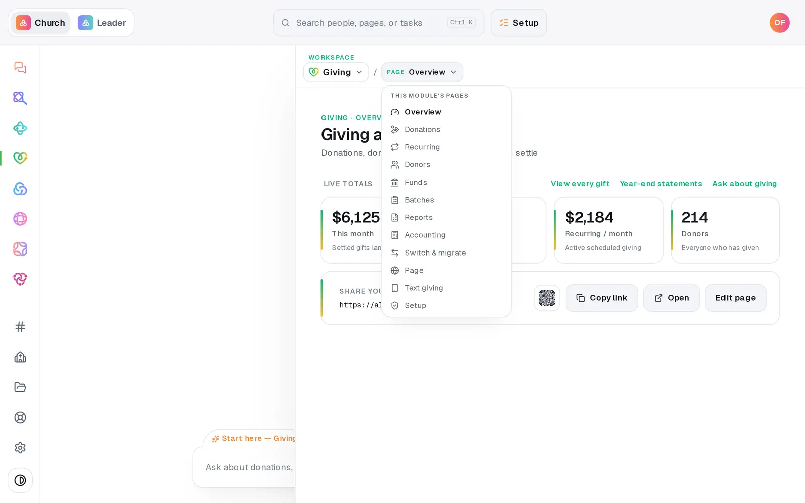 In **Giving**, open **Switch & migrate** from the page menu