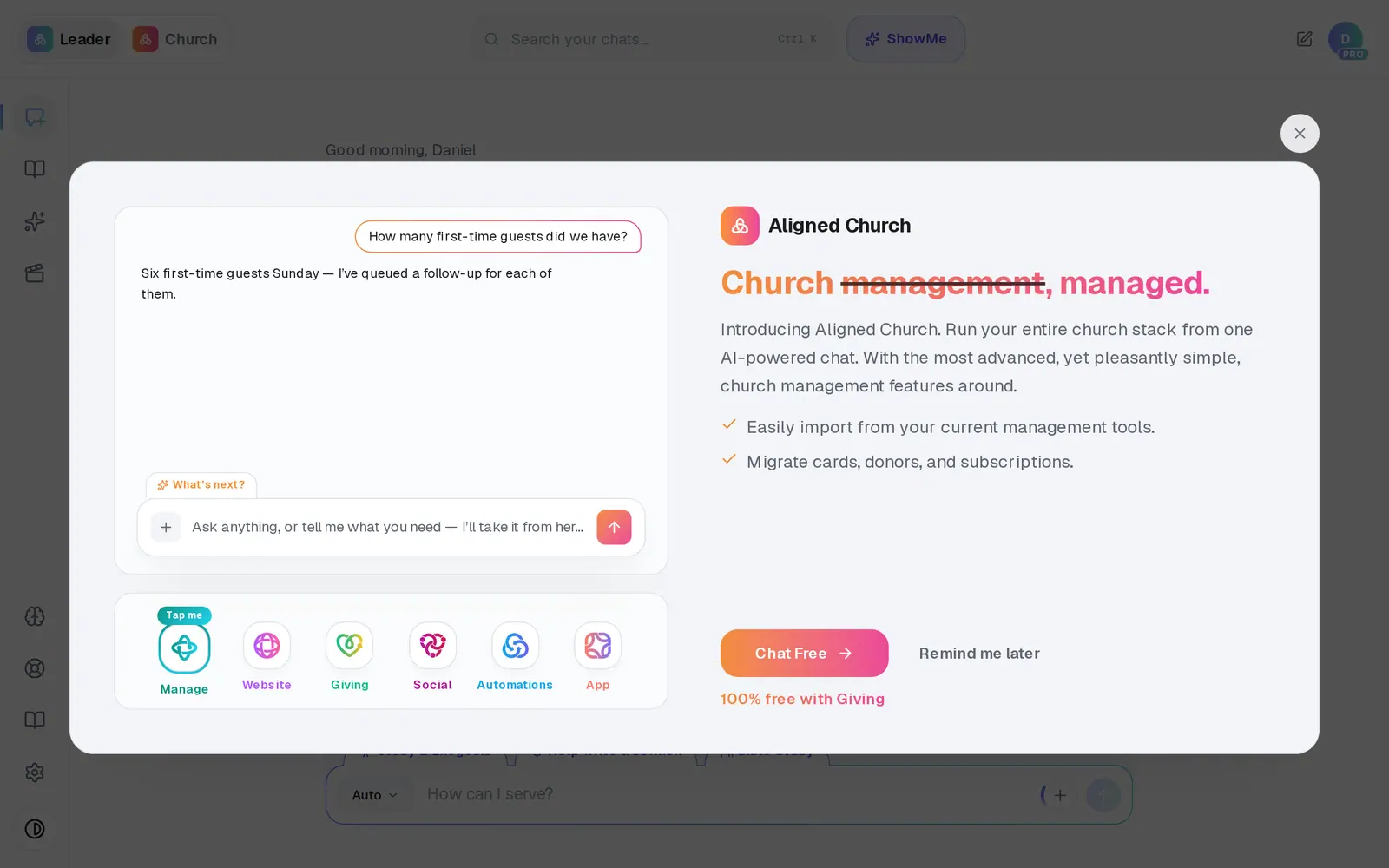 In Aligned Leader, press **Chat Free** on the **Introducing Aligned Church** card