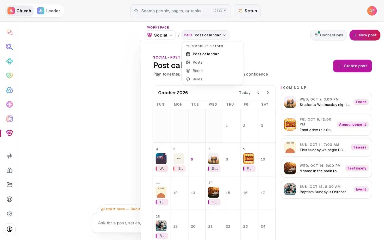 In **Social**, open the page menu and choose **Batch**
