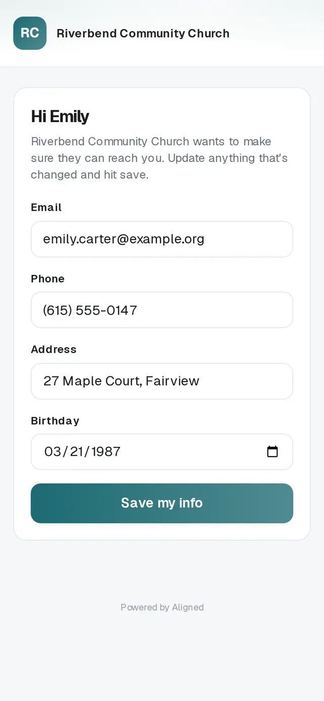 Tap the link in your church's **Is your info up to date?** email