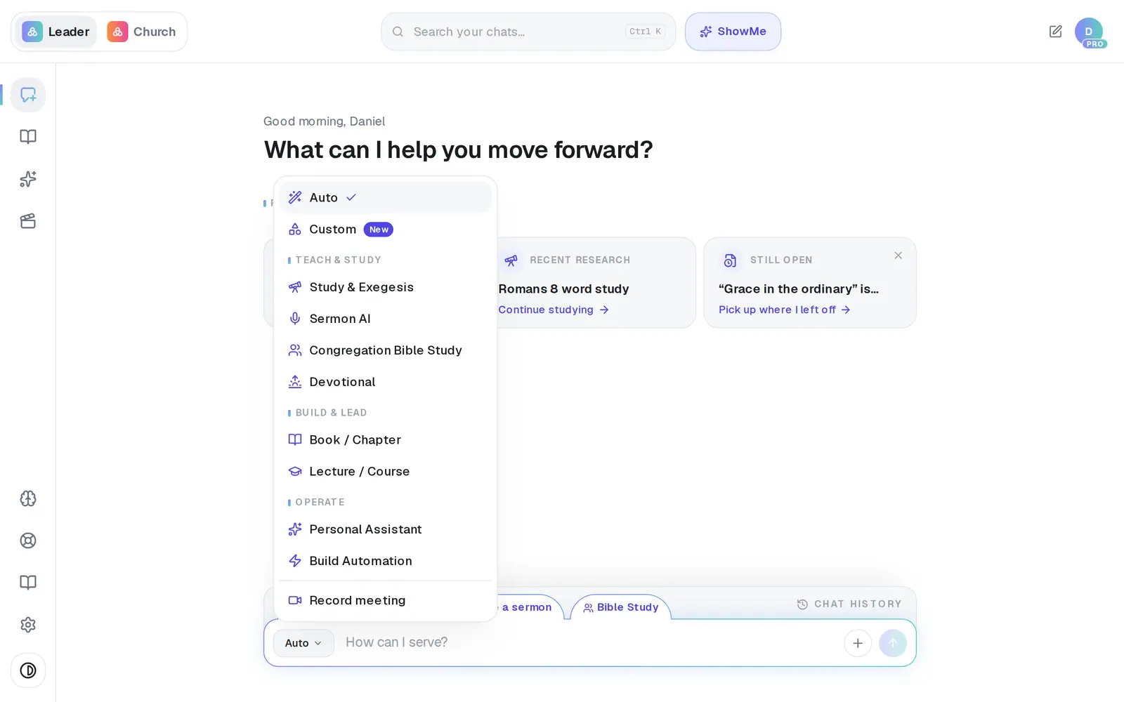 Choose **Sermon AI** from the format button at the left of the message box