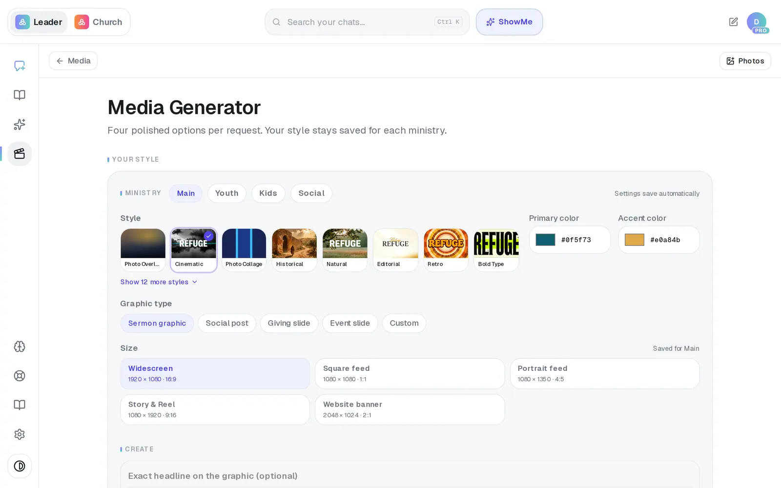 In **Media → Media Generator**, pick the ministry you're designing for